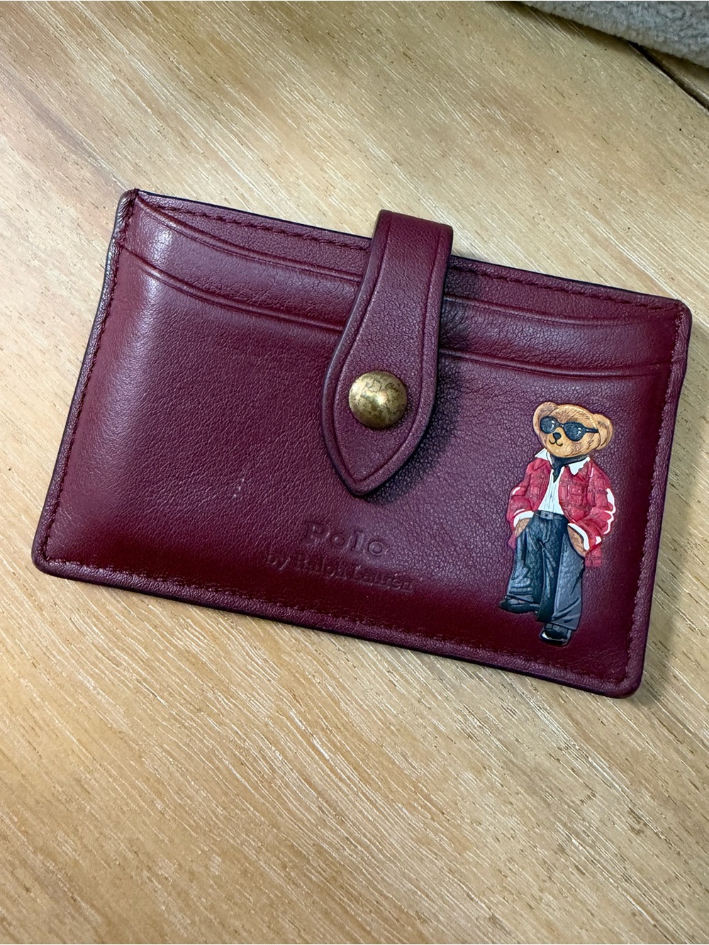 Polo by Ralph Lauren Burgundy Leather Card & Key Holder with Bear Motif